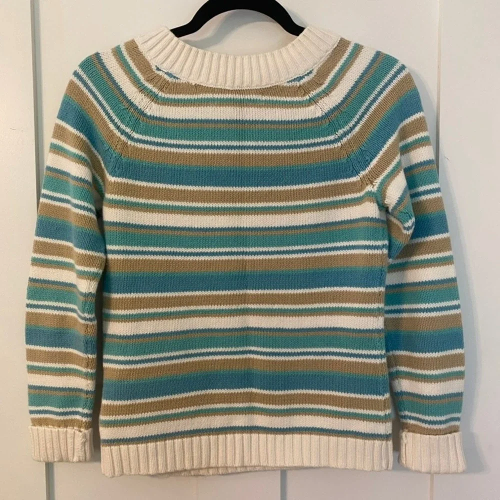 Teal‎ & Tan Striped Button Shoulder Sweater S Boho Chic Coastal Cottagecore Knit